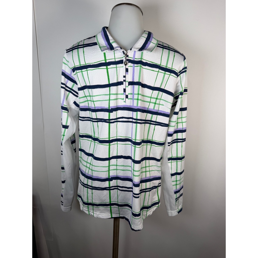 SanSoleil Womens M SolCool Plaid Quarter Zip Long Sleeve Golf Top UPF 50 Green